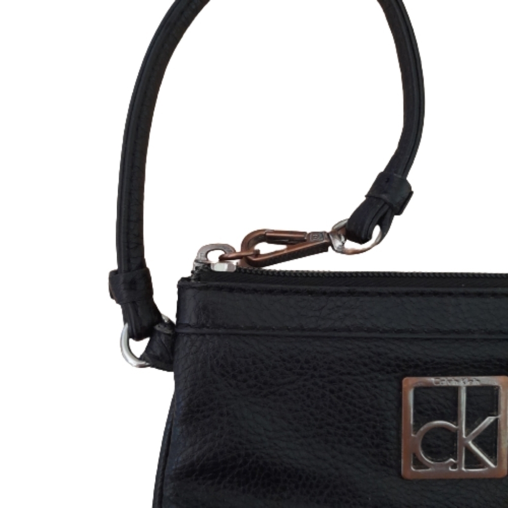Calvin Klein Wristlet Zip Top Distressed Gold Hardware Black Bag Purse - Picture 3 of 8